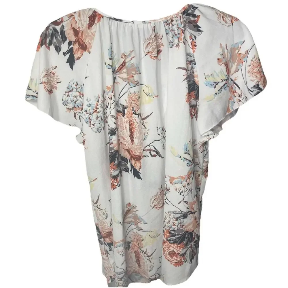 SimpleFun Women's 2X V-Neck Blouse Top Short Sleeve Peasant Floral‎ Orange Fall - Picture 3 of 5
